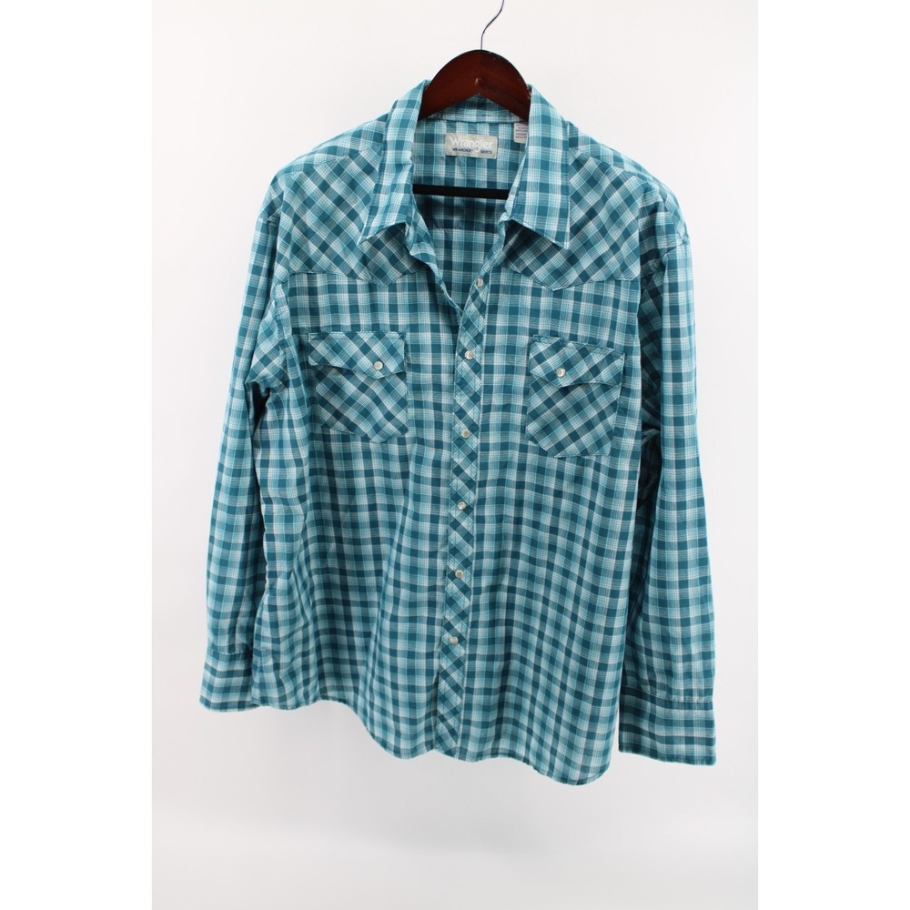 Wrangler Wrancher Pearl Snap Shirt Mens XXL Teal Plaid Western Rodeo Cowboy